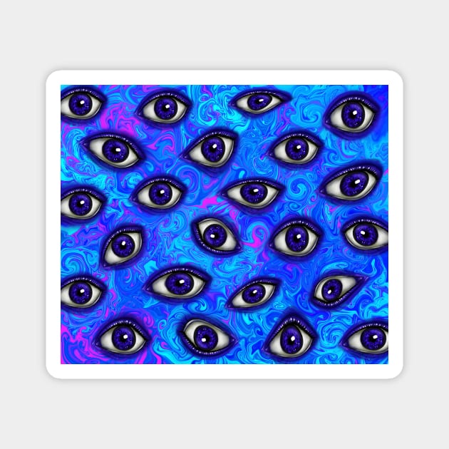 Trippy Psychedelic Blue Eyes on Vivid Bright Neon Blue Green Purple Turquoise Swirl Background Magnet by galaxieartshop