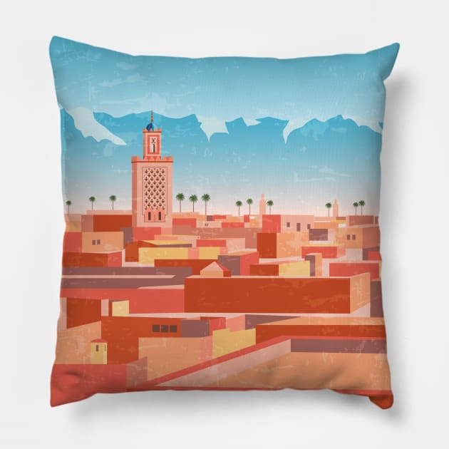 Morocco, Marrakech - Retro travel minimalistic poster Pillow by GreekTavern