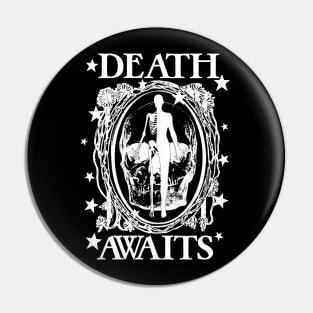 Death Awaits Spooky Goth Mirror Skeleton Halloween Black White Pin