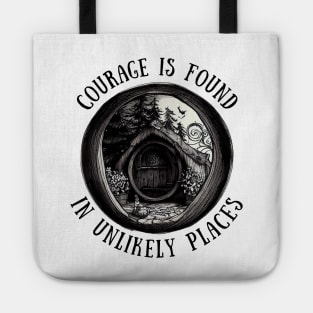 Whimsical Halfling Hole Pen Drawing - Courage is Found in Unlikely Places - Round Door - Black and White - Fantasy Tote