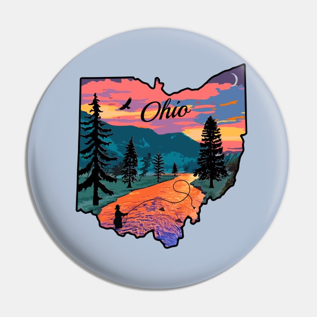 Ohio State Map Mountain Sunset River Fishing Retro Pin by TeeCreations