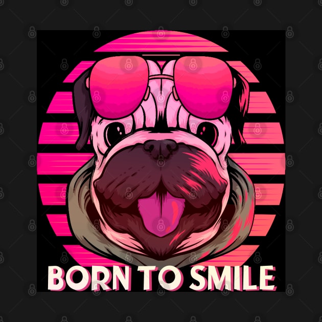 Pug dog born to smile. Funny retro aviator style pug dog on pink. by Rebeldía Pura