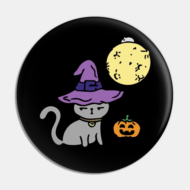 Funny Halloween cat in a hat with the moon, pumpkin, and a mouse. Pin by ArtsByNaty