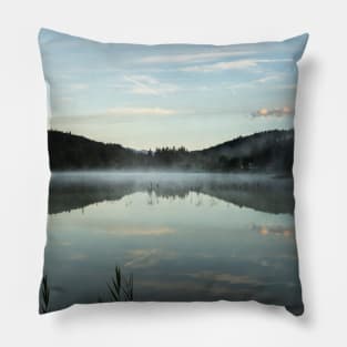 Misty Lake light blue. Amazing shot of the Ferchensee lake in Bavaria, Germany. Scenic foggy morning scenery at sunrise. Pillow