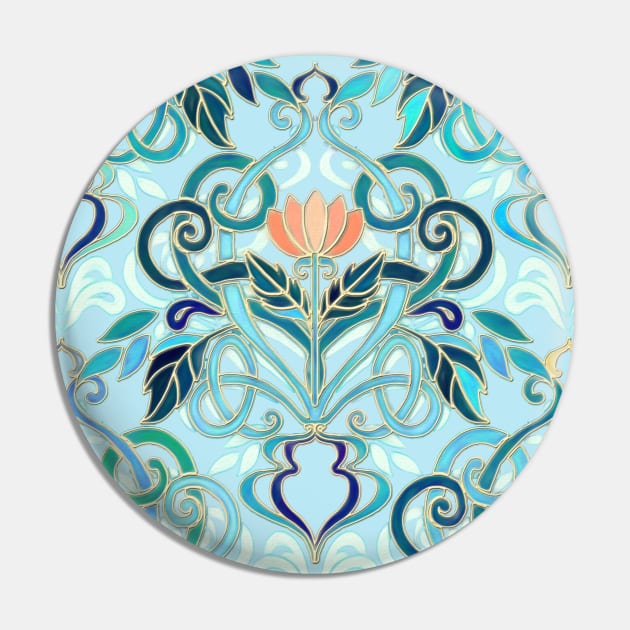 Ocean Aqua Art Nouveau Pattern with Peach Flowers Pin by micklyn