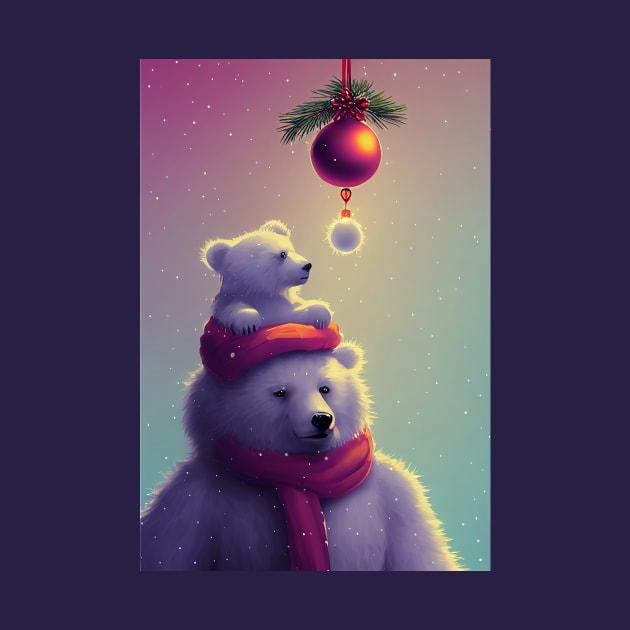 A polar bear in a red scarf with a bear cub on his shoulders. by MorningPanda