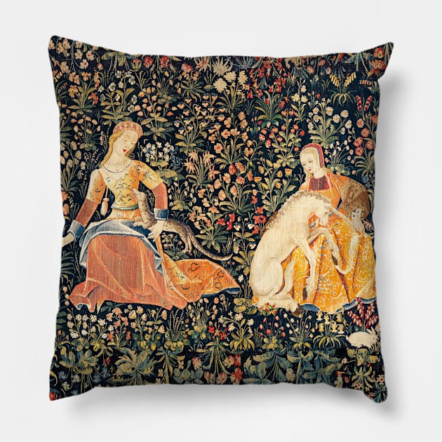 LADIES AND UNICORN AMONG FLOWERS, FOREST ANIMALS FLEMISH FLORAL Pillow by BulganLumini