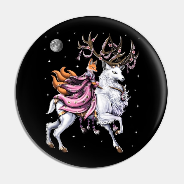 Japanese Kitsune Fox Riding Cherry Blossom Deer Pin by underheaven