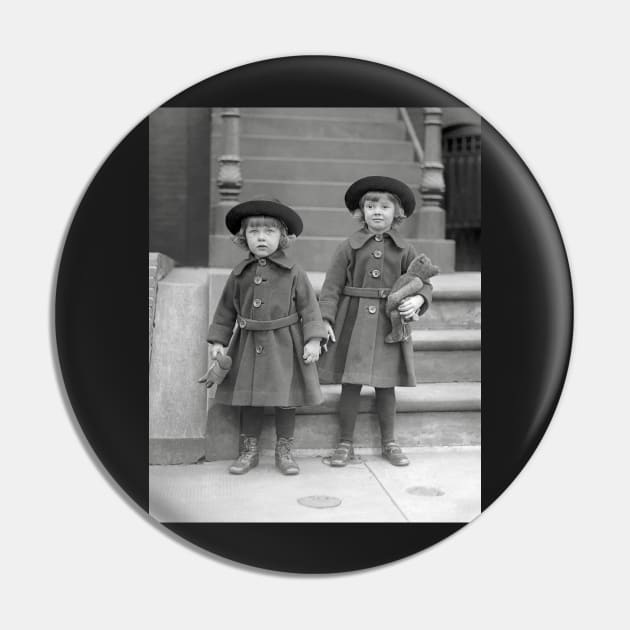 Little Girls with Teddy Bears, 1921. Vintage Photo Pin by historyphoto