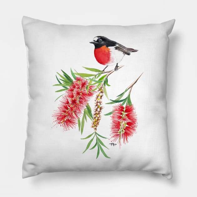 Scarlet Robin on Bottlebrush Flower Pillow by PollaPosavec