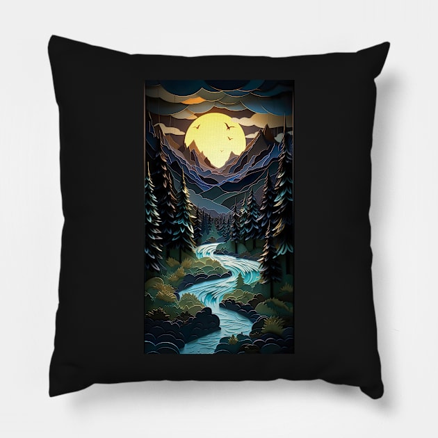 Golden moon in the style of layered cut paper diorama Pillow by UmagineArts