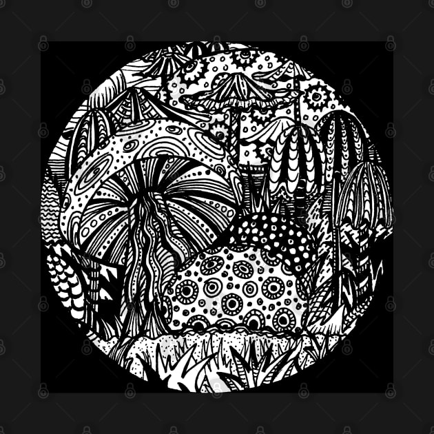 Mushroom Circle Var 2 - For Black Surround  White Detail Only Centre Aussie Tangle by Heather by Heatherian