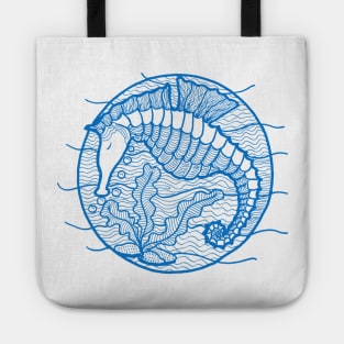 Seahorse graphic in blue ink Tote