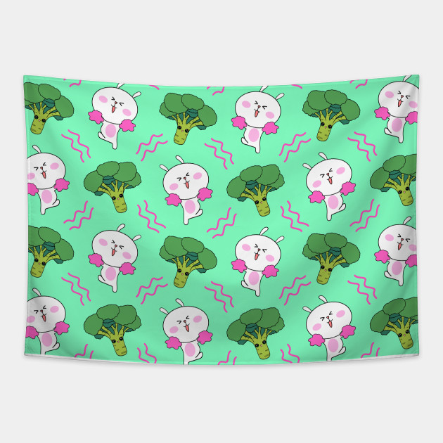 Cute Sweet Adorable Happy Kawaii Cheering Little White Baby Bunnies With Pink Pom Poms Yummy Funny Broccoli Vegetables Mint Green Pattern Design Veggies Bunny Cheerleaders Funny Cheerleaders Tapestry Teepublic