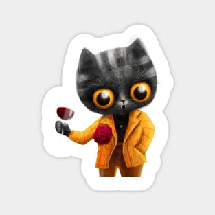 Cute cat in yellow jacket with wine Magnet