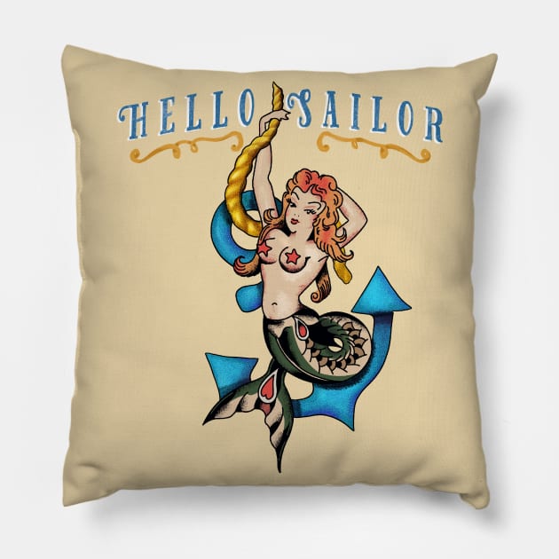 Hello Sailor Jerry Style Red Haired Mermaid Vintage Style Tattoo Pillow by LittleBunnySunshine