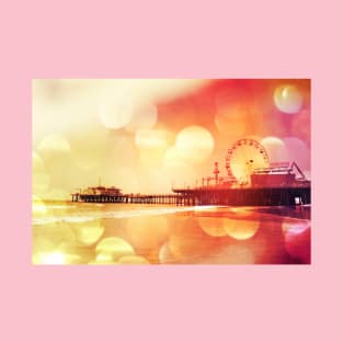 Yellow Pink Bokeh Santa Monica Pier T-Shirt