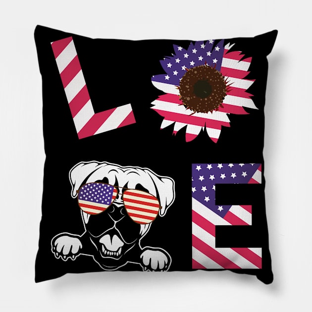 Cool US Flag Sunflowers Glasses Dog Face LOVE Boxer Dog Americans Independence USA July 4th Day Pillow by Cowan79