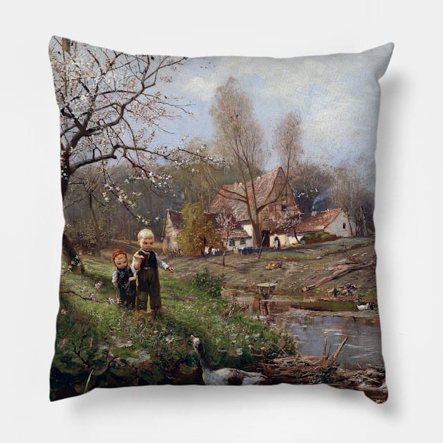 Adolf Lins Spring Landscape Two Children and Geese Pillow by pdpress