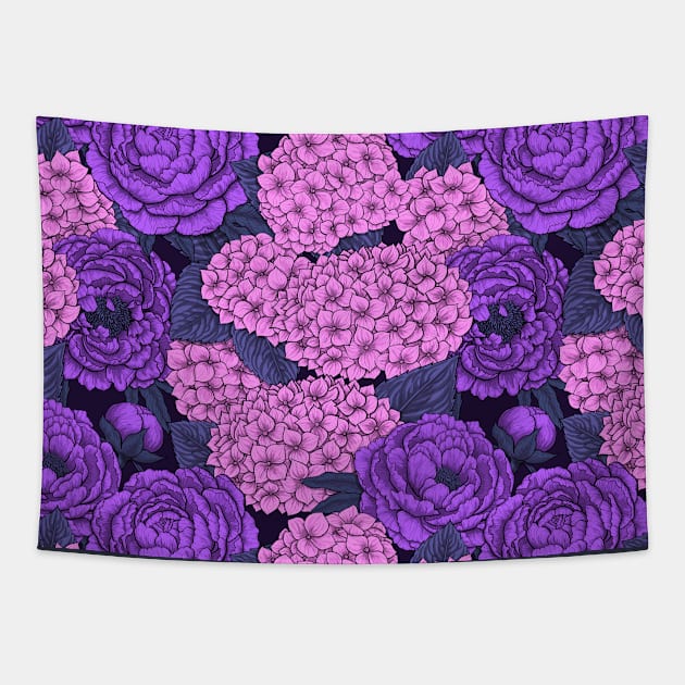 Peony and hydrangea in pink and violet Tapestry by katerinamk