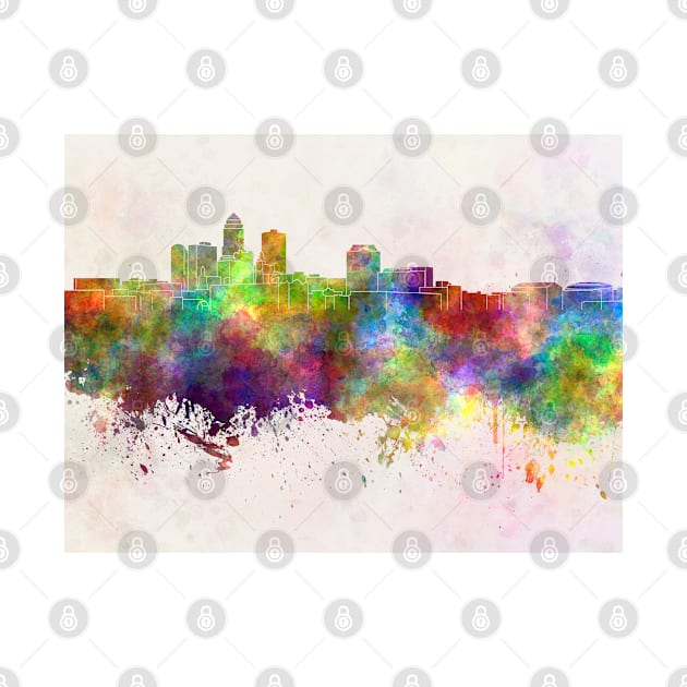 Des Moines skyline in watercolor background by PaulrommerArt