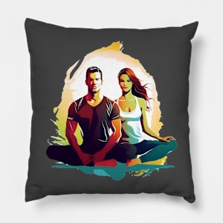 man and woman practicing yoga Pillow