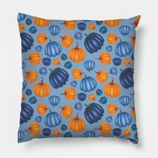 Pretty Orange & Blue Pumpkin Pattern on a Blue Background Pillow