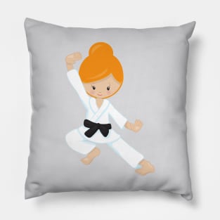 Karate Girl, Cute Girl, Black Belt, Orange Hair Pillow