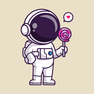 Cute Astronaut Eating Lollipop Candy Cartoon T-Shirt