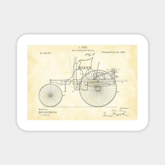 Benz 1888 self propelling vehicle, original patent drawing parchment background Magnet by QualitySolution