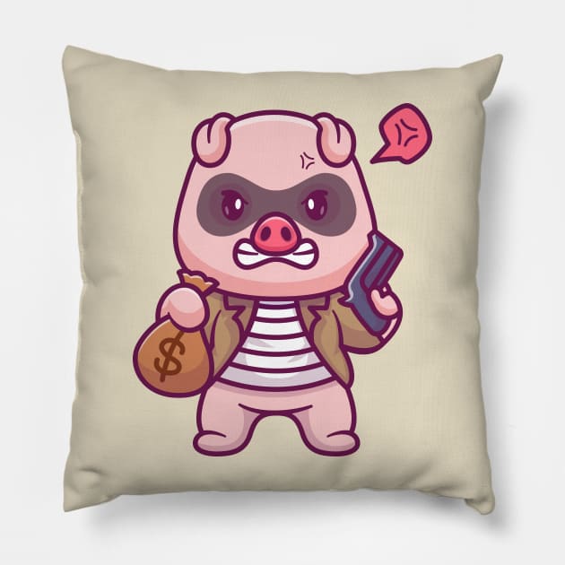 Cute Pig Thief Holding Money And Gun Cartoon Pillow by Catalyst Labs