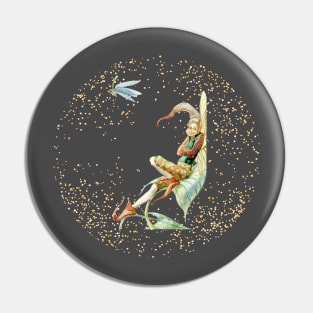 Elf and Dragonfly on Golden Fairy Dust Pin