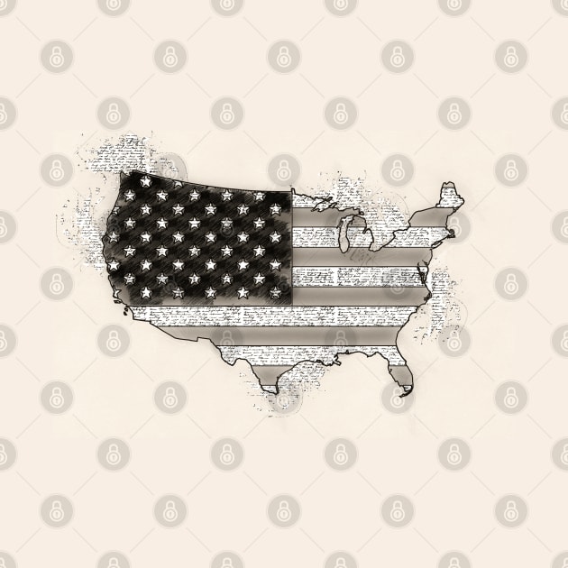 Vintage USA Map with American Flag Black and White sketch drawing by Naumovski