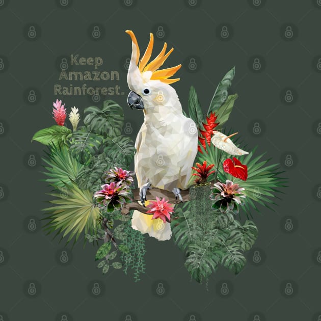 Polygonal Illustration Cockatoo bird and Amazon plants. by Lewzy Design