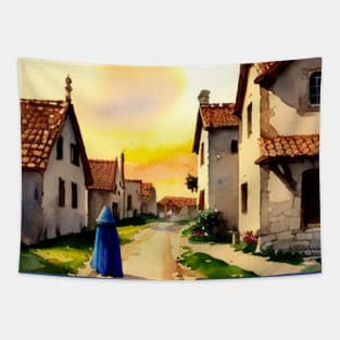 A blue-cloaked figure walking in a medieval village Tapestry