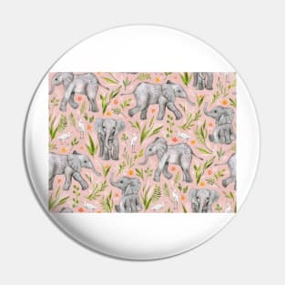 Baby Elephants and Egrets in watercolor - blush pink Pin