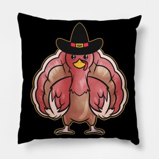 Kawaii Comic Turkey with Pilgrims Hat on Thanksgiving Pillow