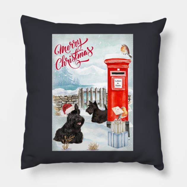 Scottish Terriers Merry Christmas Santa Dog Holiday Greeting Pillow by Puppy Eyes