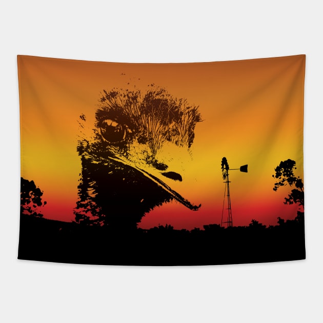The Australian Native Animal Series: Emu - The Iconic Flightless Bird & Bush Windmill with the Sunset Colors of Golden Hour Tapestry by karenmcfarland13