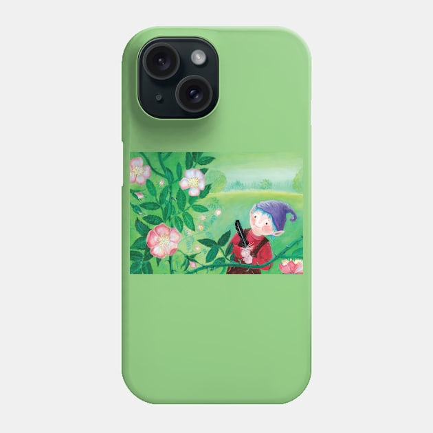 Purple Hat Gnome behind a wild rose bush Phone Case by Julia Doria Illustration