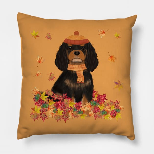 Black and Tan Cavalier in Fall Leave, Cavalier King Charles Spaniel Pillow by Cavalier Gifts