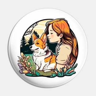 Corgi & Girl Funny Pembroke Welsh Corgi Retro Dog Lover Pin