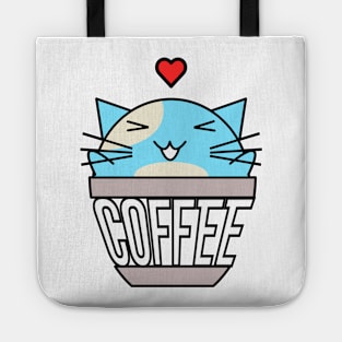 Happy cat in coffee cup with warped text heart on head blue Tote