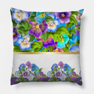 Beautiful Pansy Flowers Violet Viola Tricolor Floral Pattern. Watercolor Hand Drawn Decoration. Spring colorful pansies in bloom garden flowers Pillow