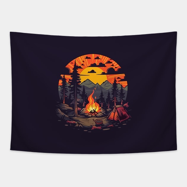 Beautiful Campsite Landscape || Campfire Vector Art Tapestry by Mad Swell Designs