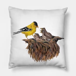 Goldfinch Taking Care of House Finch Babies Pillow