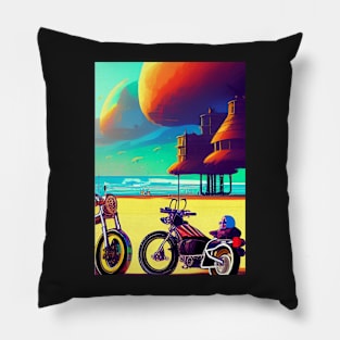 SURREAL RETRO MOTORCYCLES ON THE BEACH Pillow