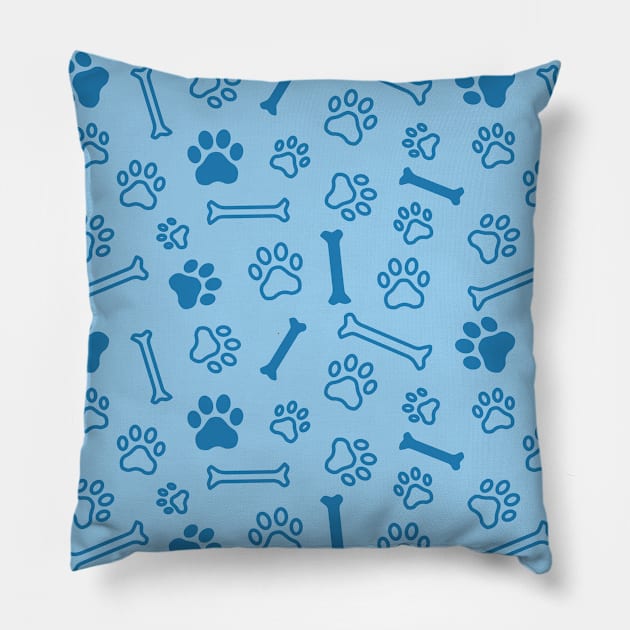 Pet - Cat or Dog Paw Footprint and Bone Pattern in Blue Tones Pillow by DesignWood Atelier