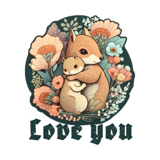 Mother and Baby Squirrel Embracing in Flowers Garden Love you T-Shirt