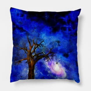 Tree with hanging light bulb Pillow